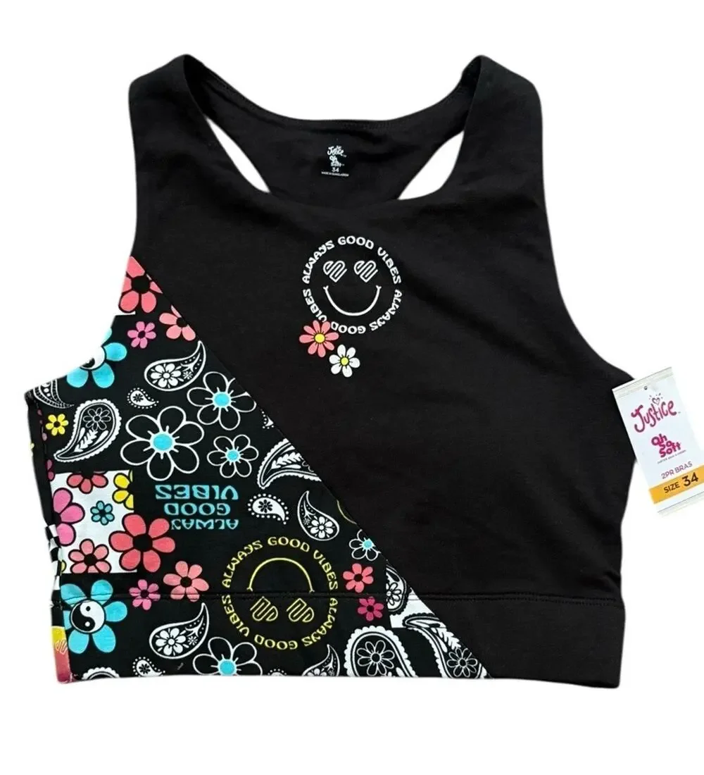 Justice Cotton Racerback Sports Bra Padded Retro Floral Good Vibes Girl's 34 NEW
